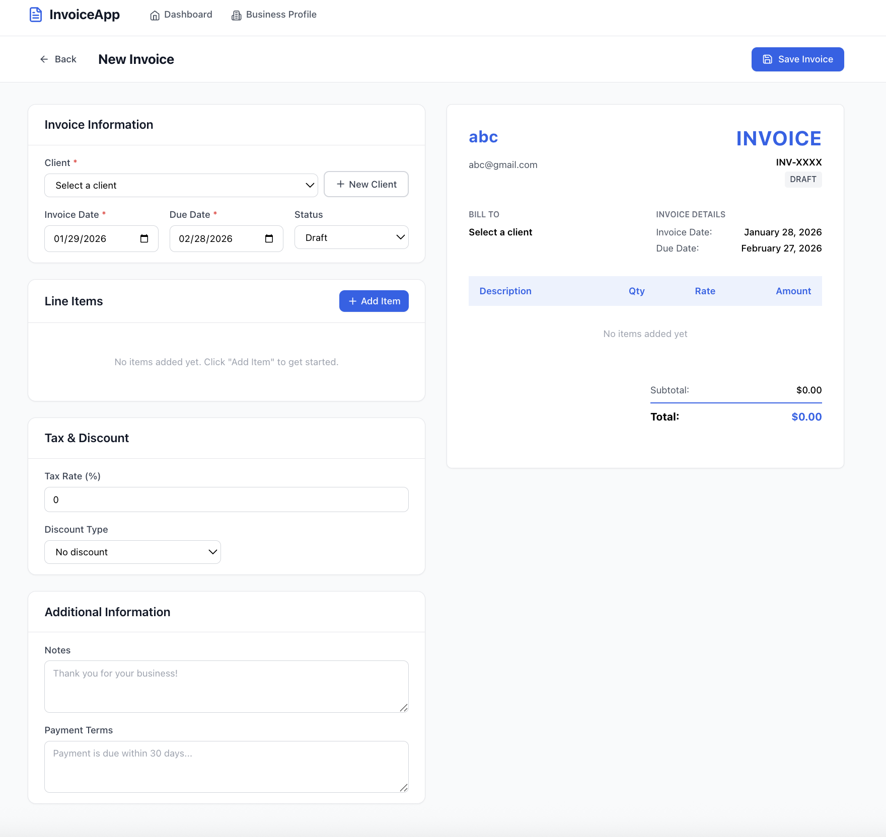 New invoice creation screen with form and live preview
