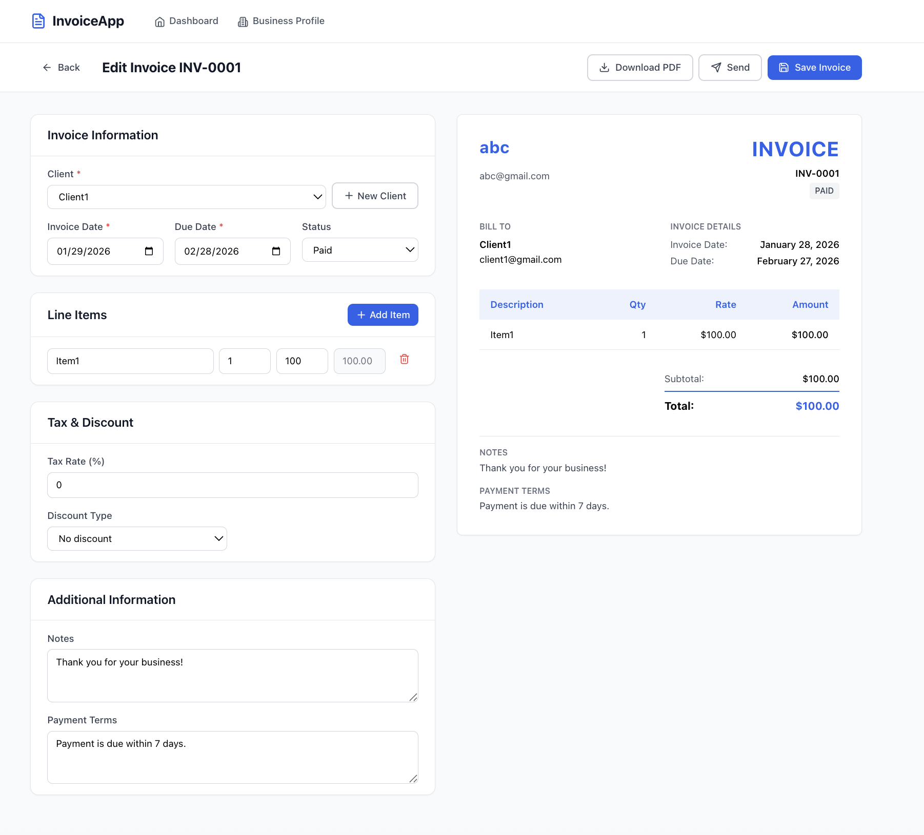 Invoice editor with line items, tax calculation, and preview